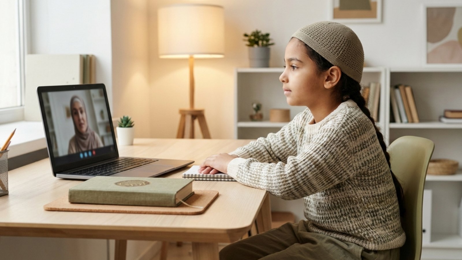 Child learning Quran online with a teacher at home