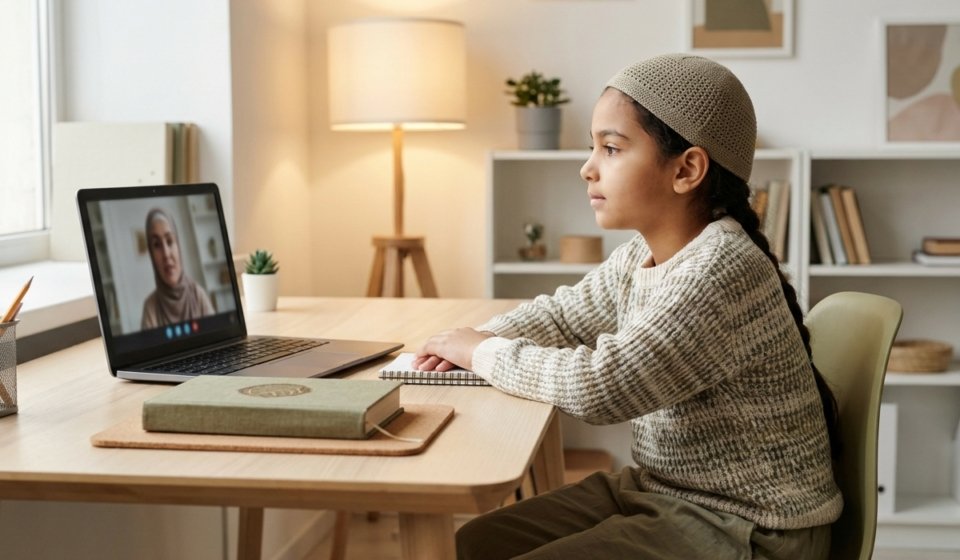 Child learning Quran online with a teacher at home